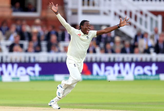 Jofra Archer celebrates his first Test wicket after trapping Cameron Bancroft lbw