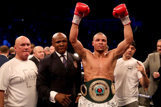 Chris Eubank Jnr celebrates after beating James DeGale in their super-middleweight match-up at London’s O2 Arena