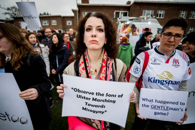 Belfast Feminist Network activists hold a protest outside the Kingspan Stadium (Liam McBurney/PA)