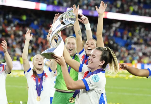 England’s Lauren Hemp celebrates with the trophy after winning the UEFA Women’s Euro 2025 final at St. Jakob-Park in Basel, Switzerland.