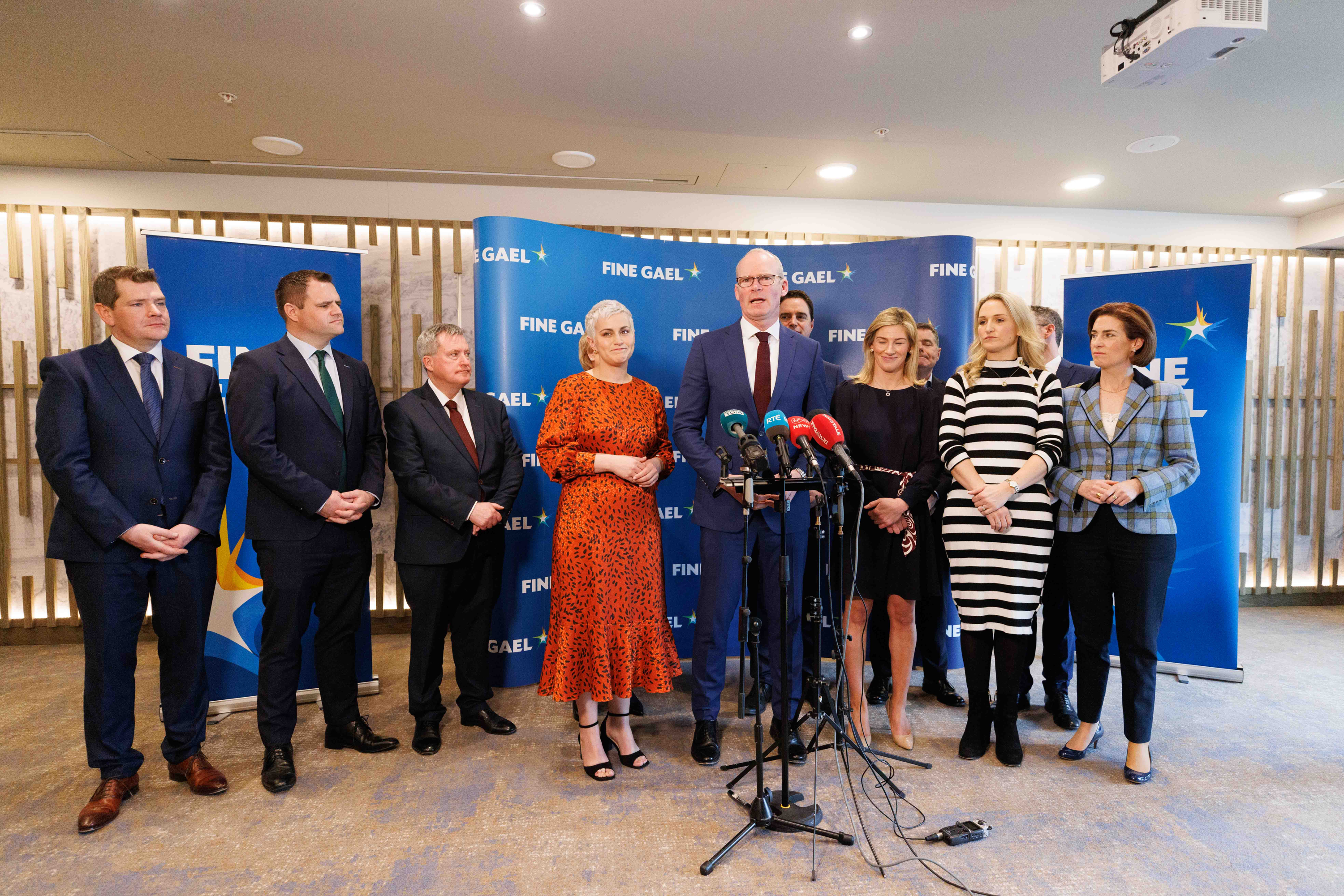 Fine Gael deputy leader Simon Coveney (centre) with candidates Maria Walsh (centre left) and Nina Carberry (centre right) at the Fine Gael selection convention for the Midlands-North West constituency for the European Parliament, at the Sheraton Hotel, Athlone