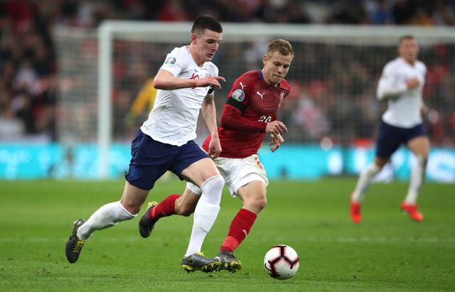 Rice (left) made his England debut against the Czech Republic in March (Nick Potts/PA).