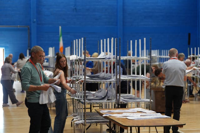 Ballots are sorted at the Galway West by-election at the Galway Lawn Tennis Club,