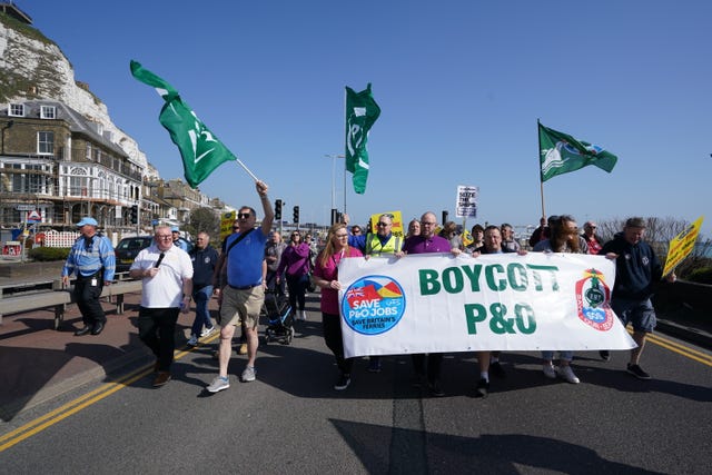 People take part in a demonstration against the dismissal of P&O workers