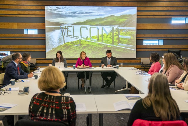 Cabinet Secretary for Social Justice Shirley-Anne Somerville with Minister for Migration and Refugees Emma Roddick (left) and Minister for Independence Jamie Hepburn (right) during a round-table to discuss proposals with migration and asylum policy stakeholders at the launch of the sixth paper in the Building a New Scotland series, at the V&A in Dundee