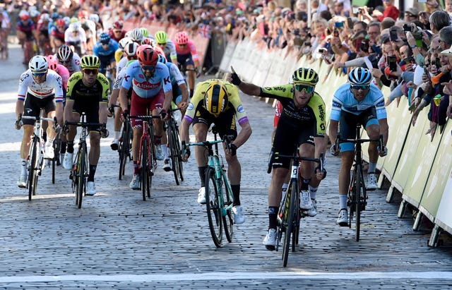 Mitchelton-Scott's Matteo Trentin (second right) wins stage two of the OVO Energy Tour of Britain