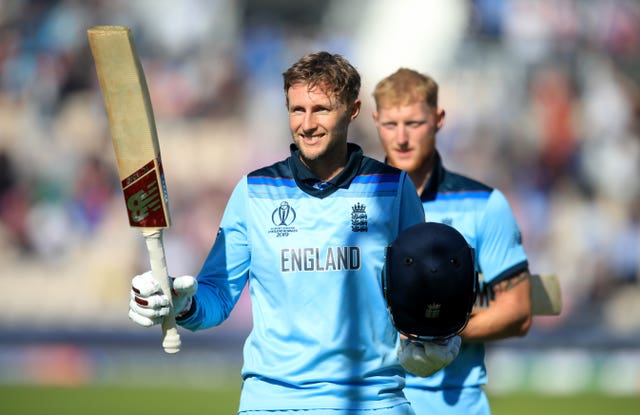 Joe Root toasts England's third win of the World Cup.