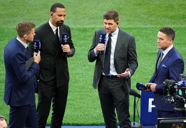 Steven Gerrard, second right, with, from left, BT Sport presenter Jake Humphrey and fellow pundits Rio Ferdinand and Michael Owen