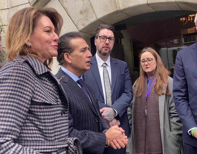 Emma Webber the mother of Barnaby Webber, Dr Sanjoy Kumar the father of Grace O’Malley-Kumar and James Coates the son of Ian Coates speaking to the media