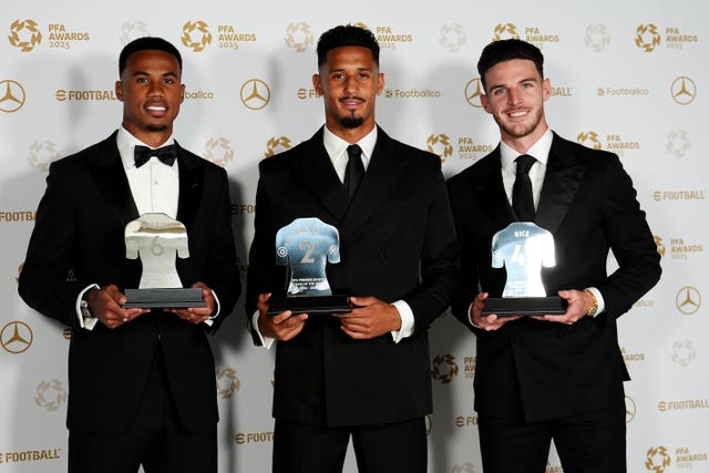 Gabriel Magalhaes, William Saliba and Declan Rice with their PFA Premier League League Team of the Year awards