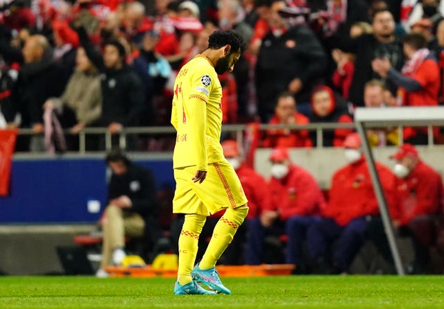 Liverpool’s Mohamed Salah reacts after being substituted in Lisbon