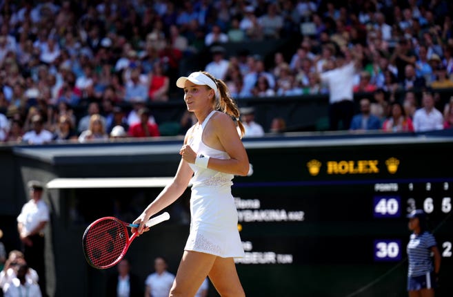 Elena Rybakina celebrates victory over Ons Jabeur