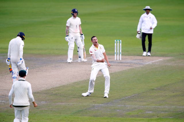 Josh Hazlewood celebrates taking the wicket of Jason Roy