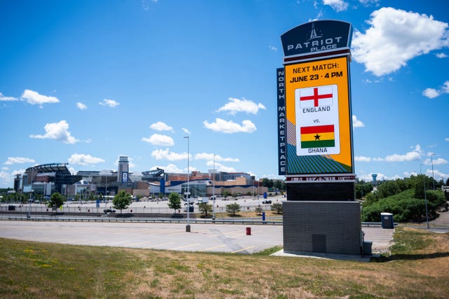 A sign outside the Gillette Stadium in Foxborough, Massachusetts