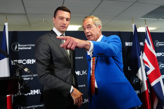 Nigel Farage attending a press conference with Jordan Bardella