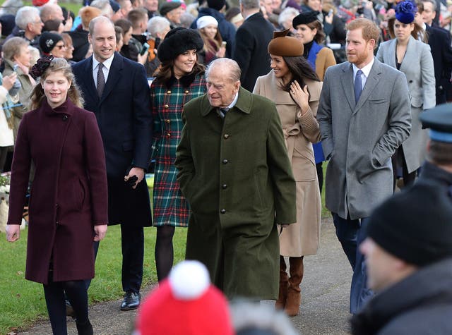 The Duke of Edinburgh, the Duke and Duchess of Cambridge, Meghan Markle and Prince Harry arriving at St Mary Magdalene Church in Sandringham (Joe Giddens/PA)