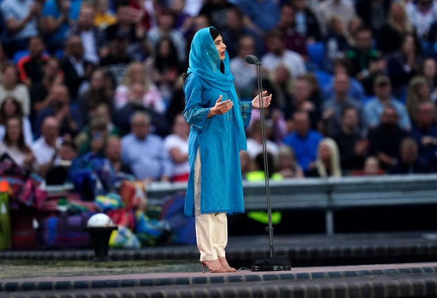 Pakistani activist Malala Yousafzai addresses the crowd during the Commonwealth Games opening ceremony