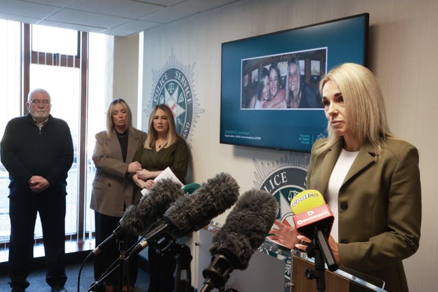 Detective Chief Inspector Kerrie Foreman speaking to the media, as Lisa Dorrian’s father John and sisters Michelle and Joanne (second right) look on