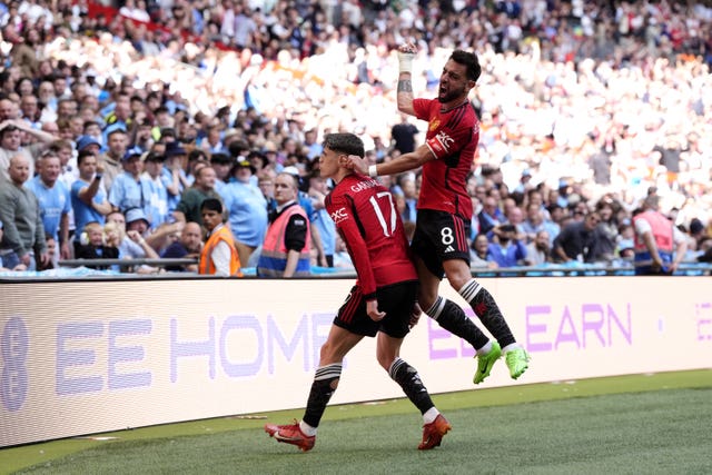 Alejandro Garnacho celebrates scoring with his United team-mates