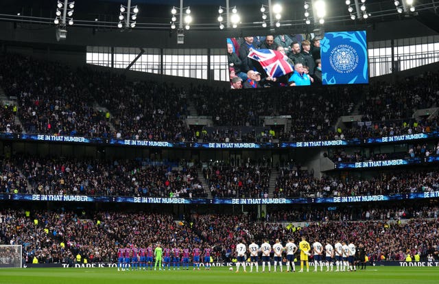 Players from Tottenham and Crystal Palace stand for the national anthem to mark the coronation of King Charles III. There were similar scenes at Premier League grounds up and down the country on the first weekend in May