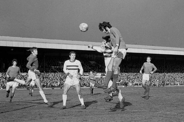 Manchester United's George Best heads home the first of his six goals in an 8-2 FA Cup fifth round win at Northampton