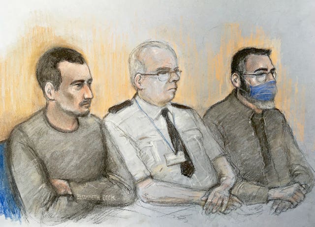 Court artist sketch of Christopher Kennedy (left) and Valentin Calota (right) on trial at the Old Bailey