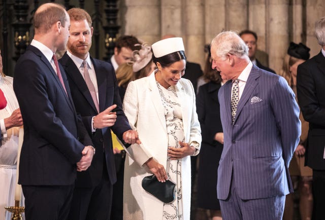 The Prince of Wales, the then Duke of Cambridge, the Duke and Duchess of Sussex and King Charles II, the then Prince of Wales, as they attend the Commonwealth Service at Westminster Abbey