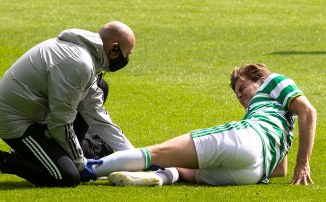 James Forrest receives treatment during a pre-season friendly with Ross County