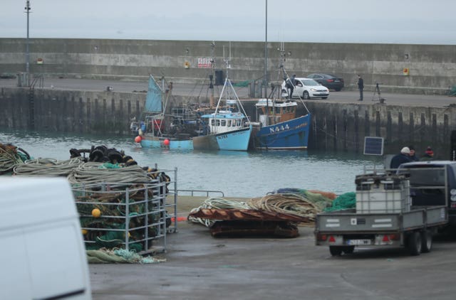 Two Northern Ireland-registered fishing boats seized by the Irish navy moored in the port of Clogherhead in Co Louth