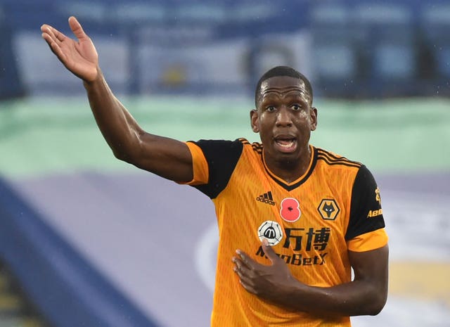 Willy Boly appeals during the match against Leicester