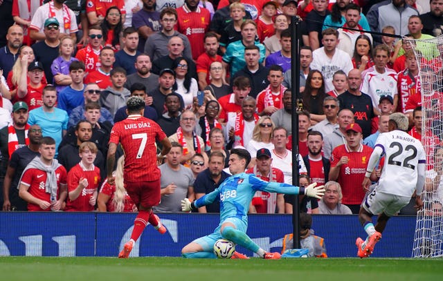 Liverpool winger Luis Diaz fires in a goal with his left foot