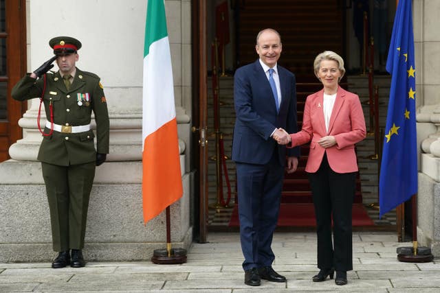 Taoiseach Micheal Martin welcoming European Commission president Ursula von der Leyen to Government Buildings