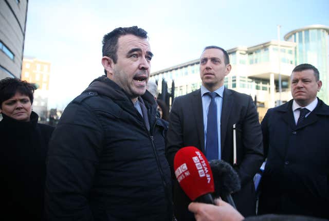 Ciaran Fox, son of Eamon Fox who was shot dead by the UVF, speaks outside Laganside courts, Belfast (Brian Lawless/PA)