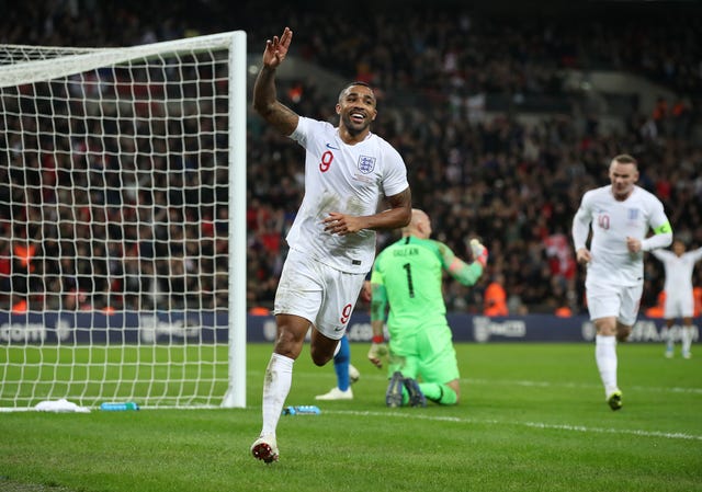 Callum Wilson celebrates scoring on his England debut in 2018