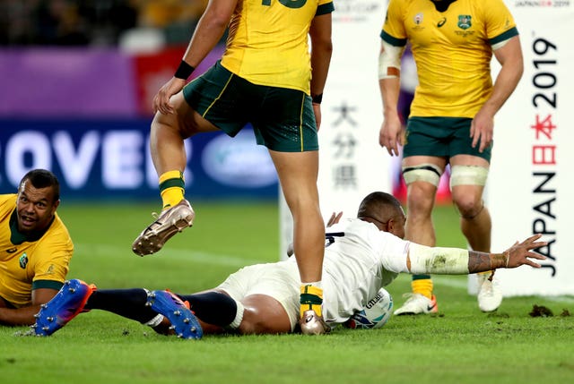 England's Kyle Sinckler (bottom) celebrates scoring