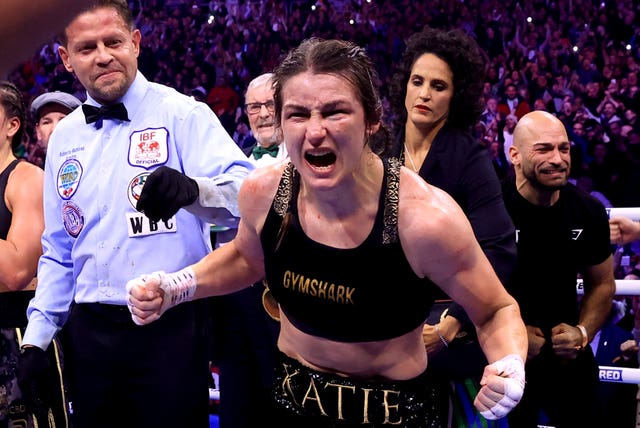 Katie Taylor celebrates after winning her title fight against Chantelle Cameron in Dublin in November 2023