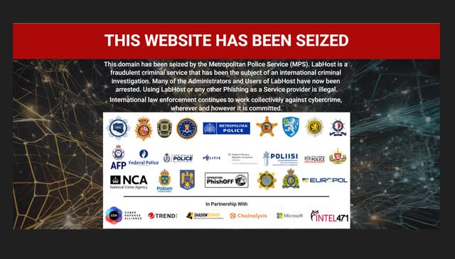 A website seizure notice on LabHost (Metropolitan Police/PA) 