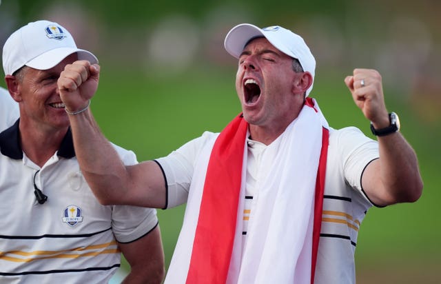 Rory McIlroy celebrates after winning the 2025 Ryder Cup