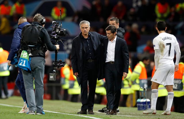 Marcelino, centre right, is embraced by Jose Mourinho after October's draw at Old Trafford