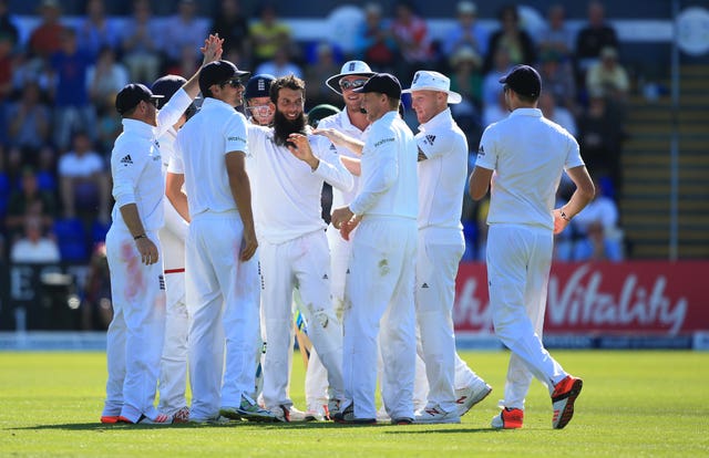 Moeen, centre, took five wickets to help England to victory in Cardiff (Nick Potts/PA)