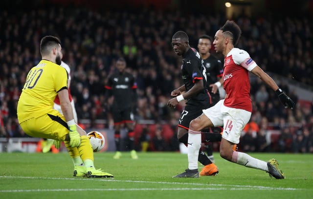 Pierre-Emerick Aubameyang scored twice as Arsenal progressed to the last eight of the Europa League