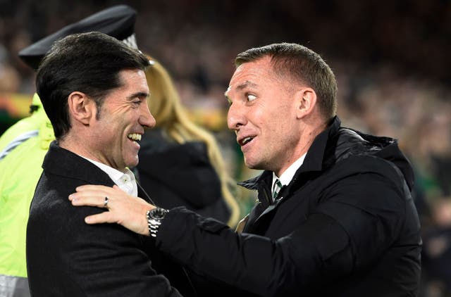 Celtic manager Brendan Rodgers (right) greeted Valencia boss Marcelino ahead of kick-off