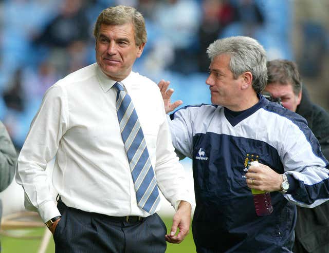 West Ham’s caretaker manager Trevor Brooking with Manchester City manager Kevin Keegan