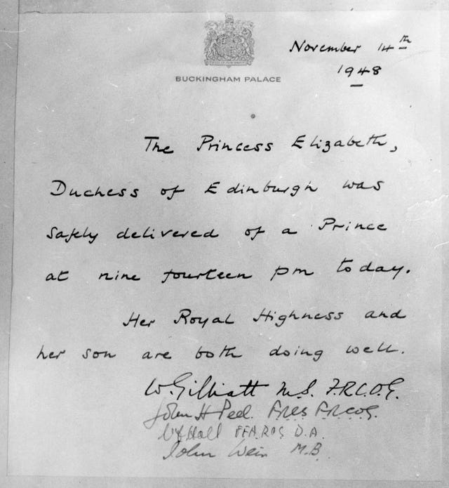 Royalty – Birth of Prince Charles – Royal Doctors' Bulletin – Buckingham Palace – London