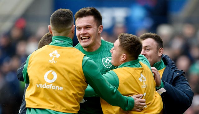 Jacob Stockdale, centre, is mobbed after scoring a fine try in Ireland's 22-13 Six Nations victory over Scotland 