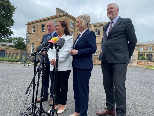 Sinn Féin's Conor Murphy, Mary Lou McDonald, Michelle O’Neill and John O’Dowd speaking to the media