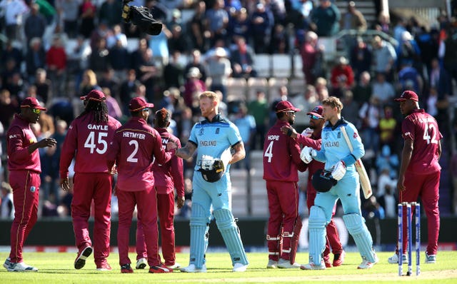 England’s Joe Root and Ben Stokes celebrate their latest World Cup win against West Indies 