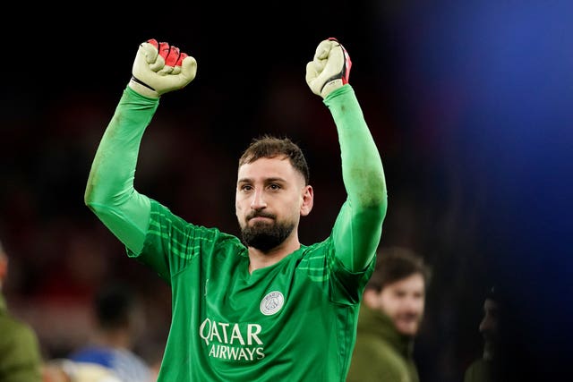 Paris St Germain goalkeeper Gianluigi Donnarumma celebrates a victory