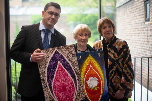 Safet Vukalic, survivor of the Genocide in Bosnia, Susan Pollack, survivor of Auschwitz, with Dame Penelope Wilton, during the launch for Holocaust Memorial Day 2020 in London (Victoria Jones/PA)
