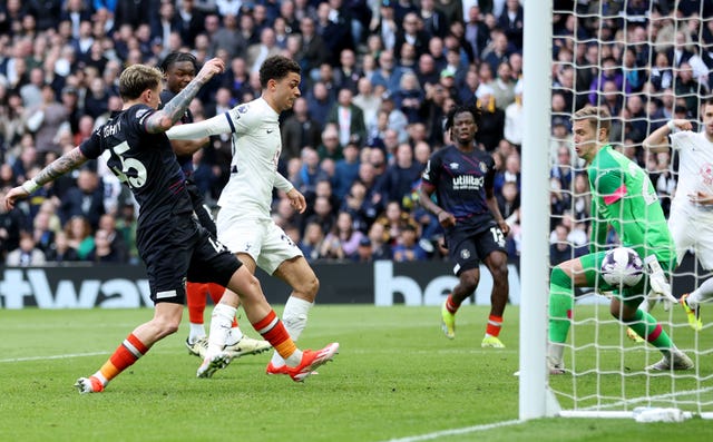 Brennan Johnson, second left, has a shot cleared off the line against Luton